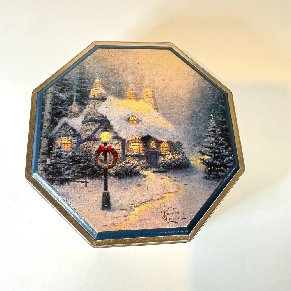 Thomas Kinkade 1998 Victorian Christmas II Octagon Tin Winter Cottage Decor